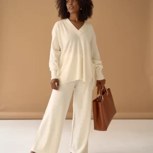 Quantum 28 Ivory Melange Palazzo Trousers in Cashmere Wool