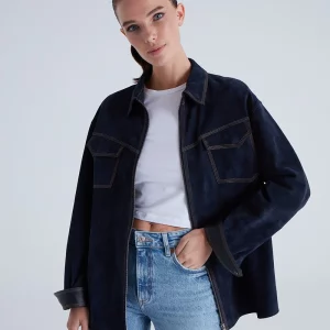 Nika Women's Suede Leather Shirt - Navy Blue