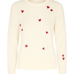 MIRÉ Cashmere Heart Intarsia Sweater - Ecru with red hearts