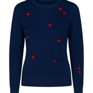 MIRÉ Cashmere Heart Intarsia Sweater - Navy with red hearts
